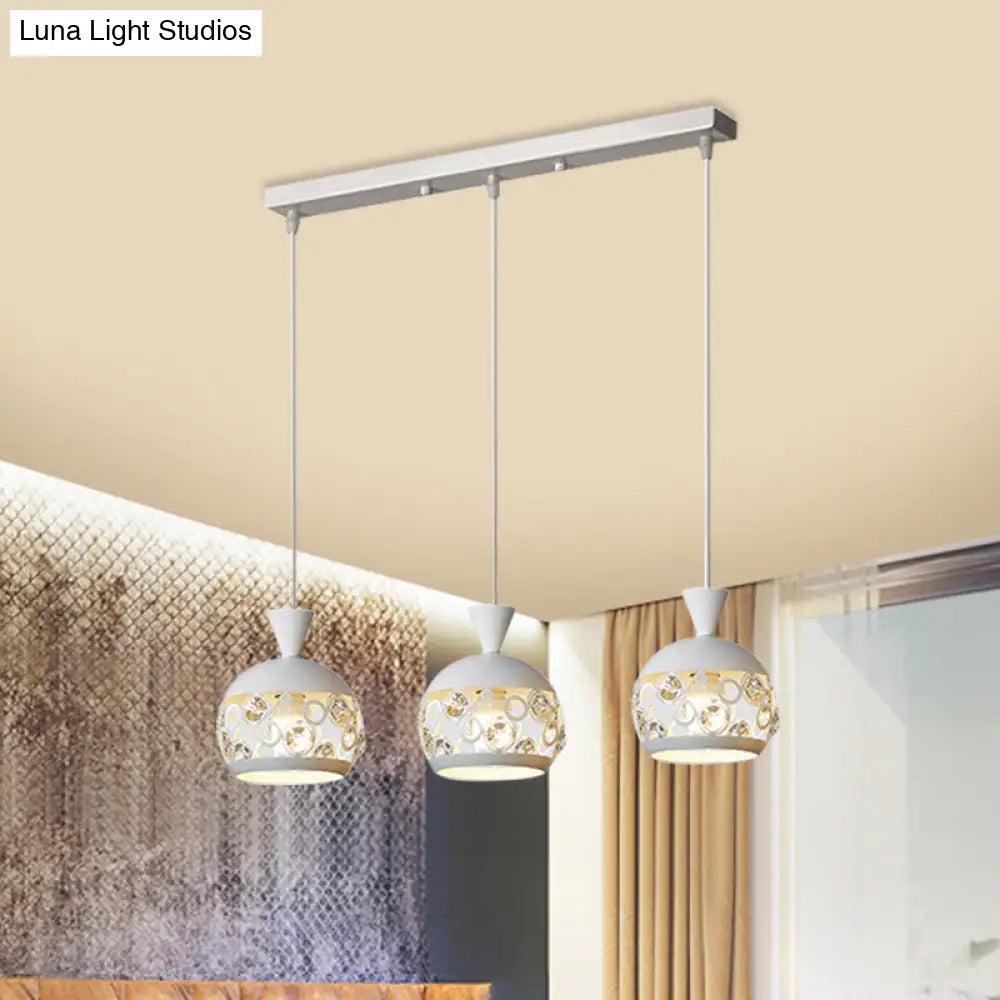 Modern Crystal Embedded Pendant Lamp - White Finish Multi Ceiling Light With Domed Design 3 Heads