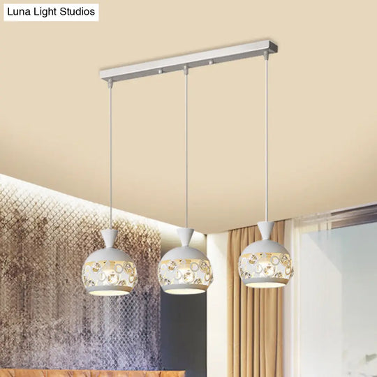 Modern Crystal Embedded Pendant Lamp - White Finish Multi Ceiling Light With Domed Design 3 Heads