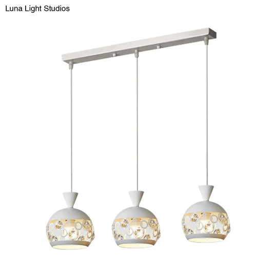 Modern Crystal Embedded Pendant Lamp - White Finish Multi Ceiling Light With Domed Design 3 Heads