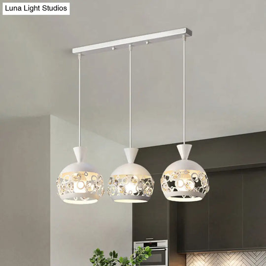 Modern Crystal Embedded Pendant Lamp - White Finish Multi Ceiling Light With Domed Design 3 Heads