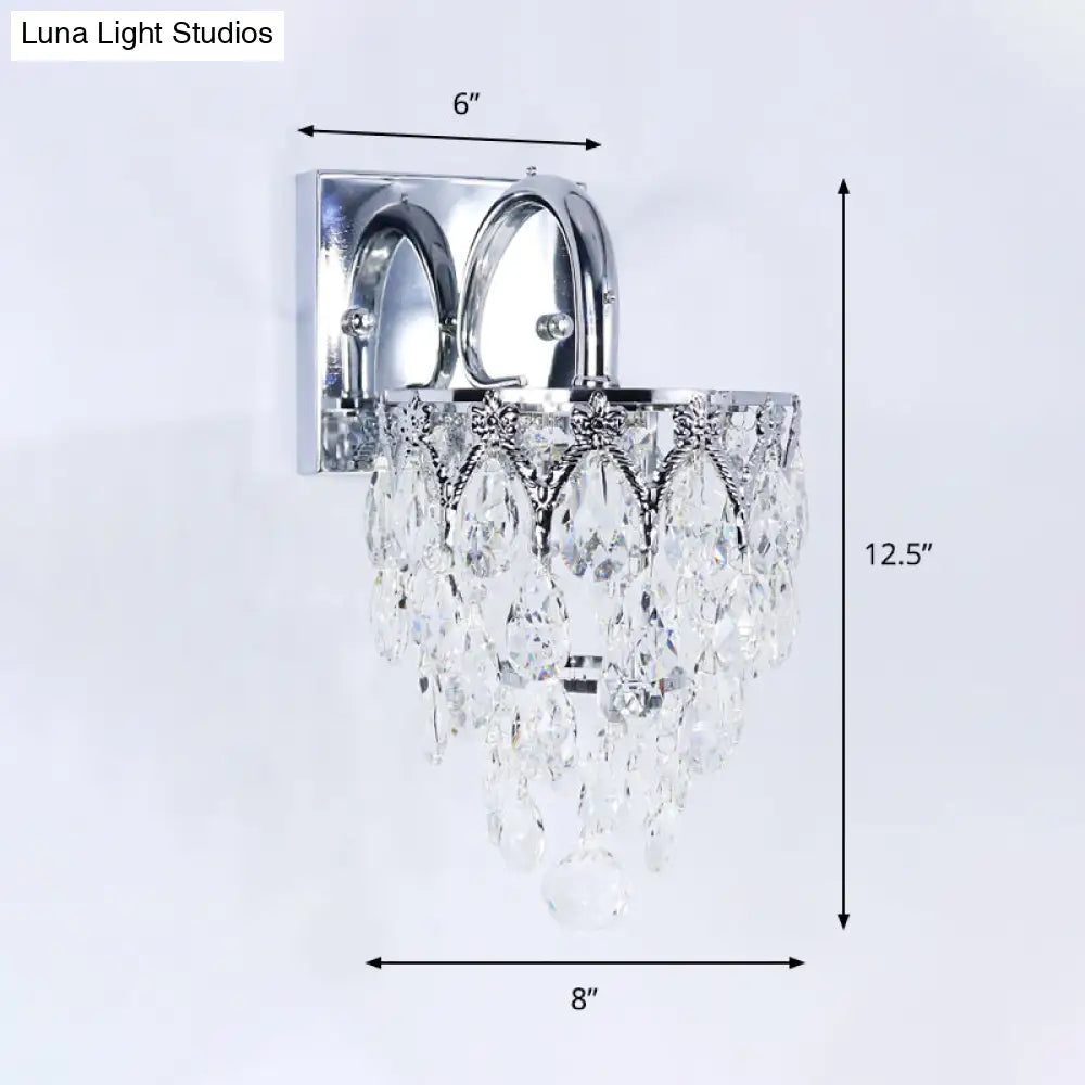 Modern Crystal Draped Wall Lamp With Arched Arm & Polished Chrome Finish