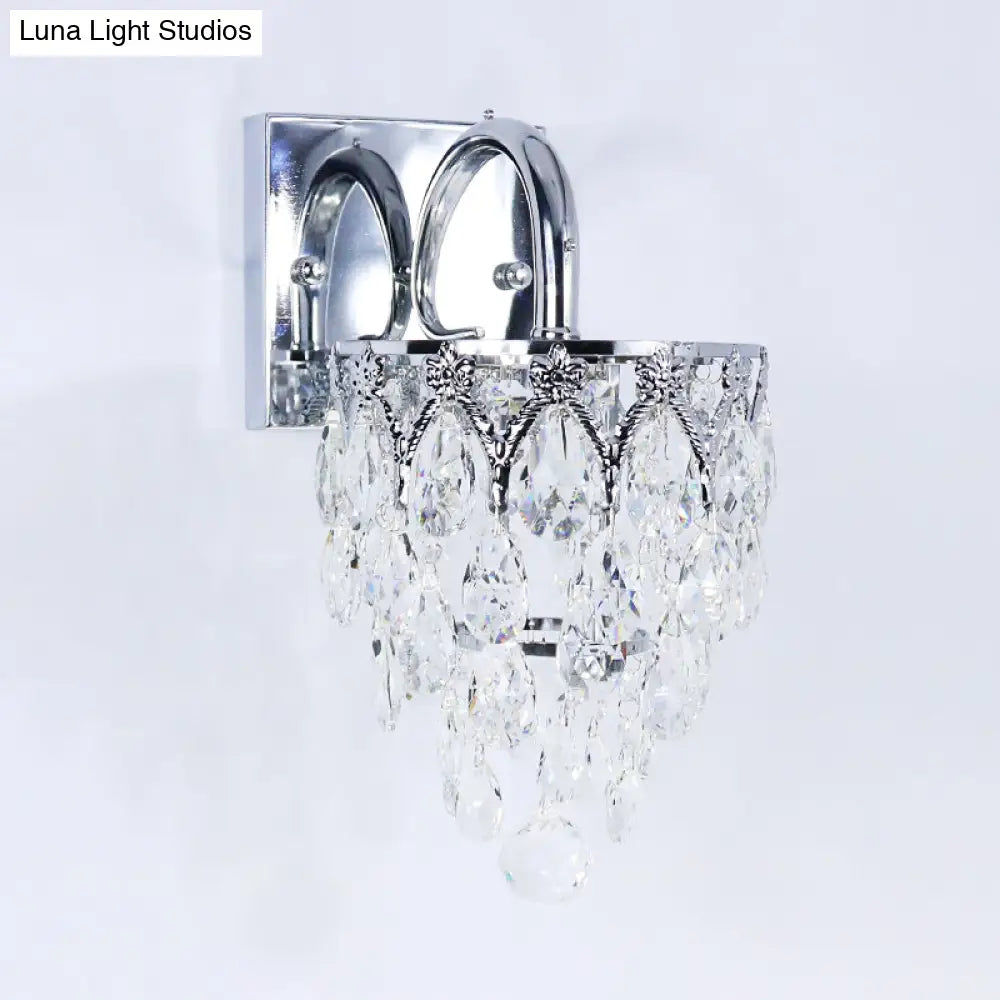 Modern Crystal Draped Wall Lamp With Arched Arm & Polished Chrome Finish