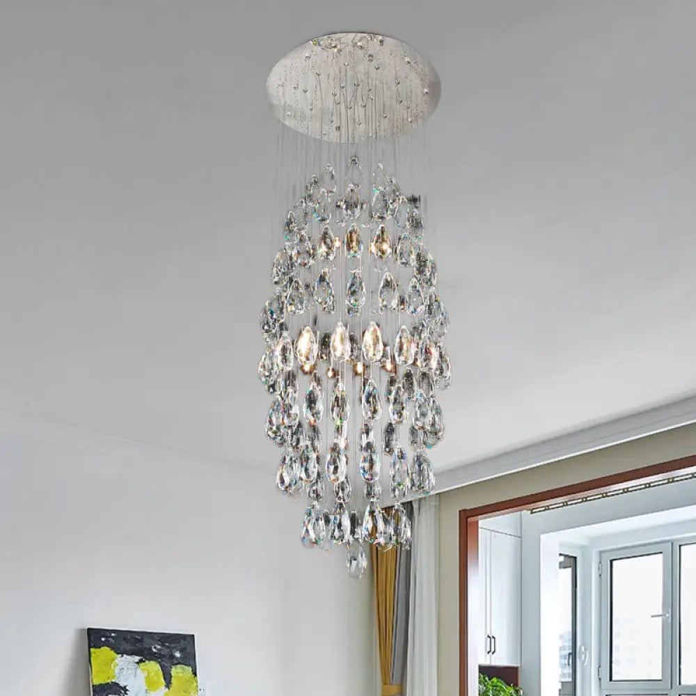 Modern Crystal Drip Flush Mount Chandelier In Satin Nickel – Stylish 6-Bulb Ceiling Light For