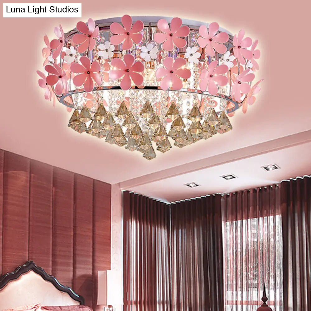 Modern Crystal Drop Led Drum Ceiling Light Fixture With Pink Flower Decoration 18/21.5 Wide / 21.5