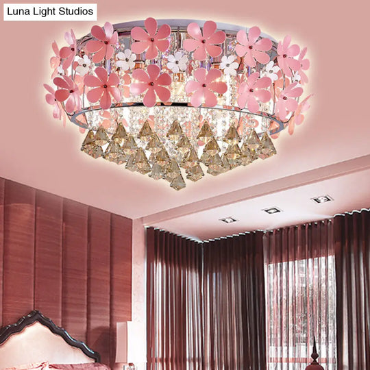 Modern Crystal Drop Led Drum Ceiling Light Fixture With Pink Flower Decoration 18/21.5 Wide / 21.5