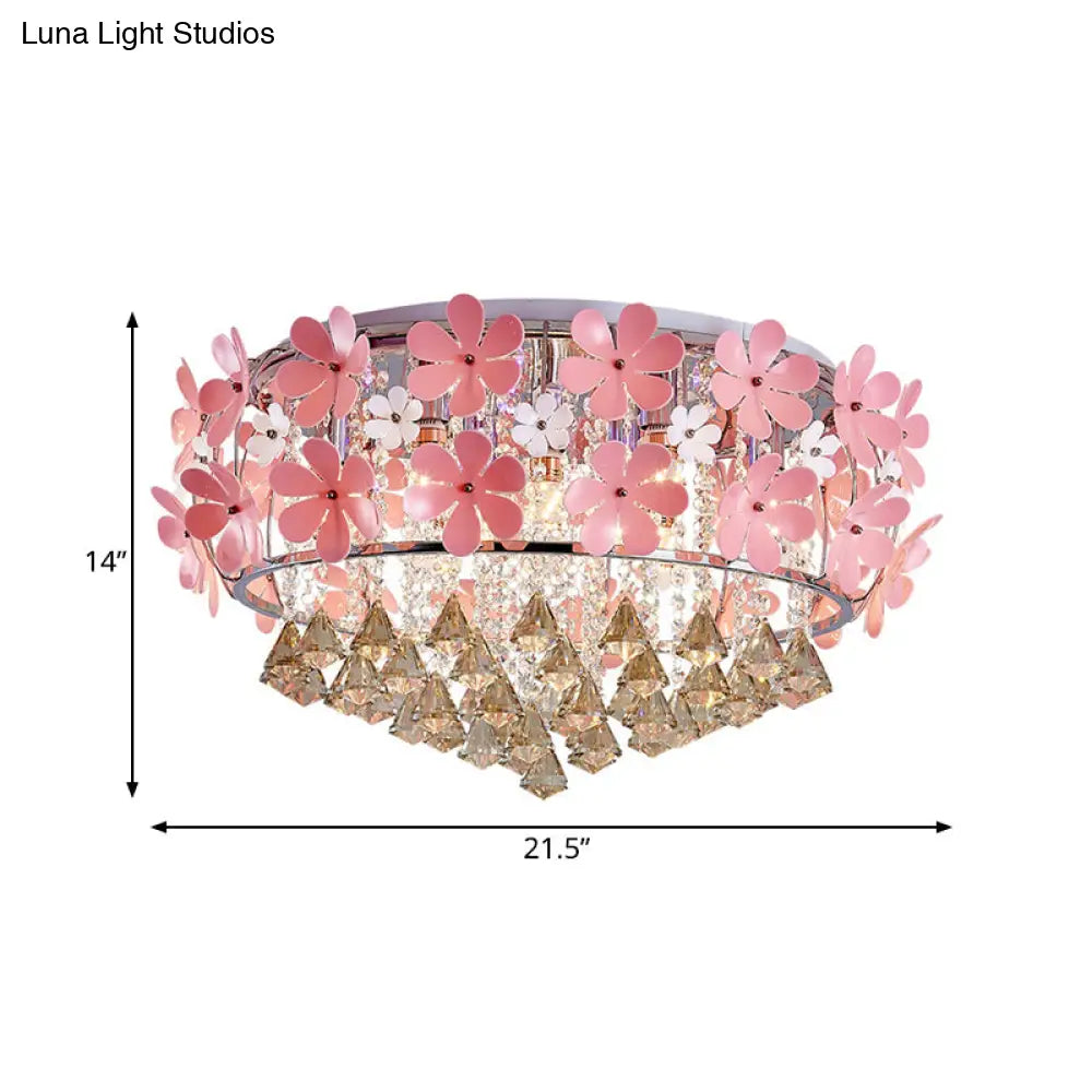 Modern Crystal Drop Led Drum Ceiling Light Fixture With Pink Flower Decoration 18’/21.5’ Wide