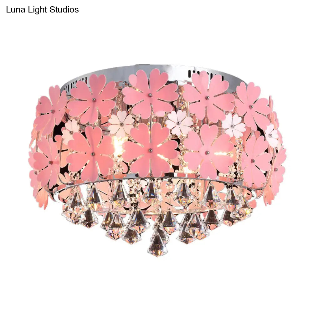 Modern Crystal Drop Led Drum Ceiling Light Fixture With Pink Flower Decoration 18/21.5 Wide