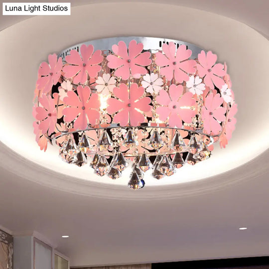 Modern Crystal Drop Led Drum Ceiling Light Fixture With Pink Flower Decoration 18/21.5 Wide / 18