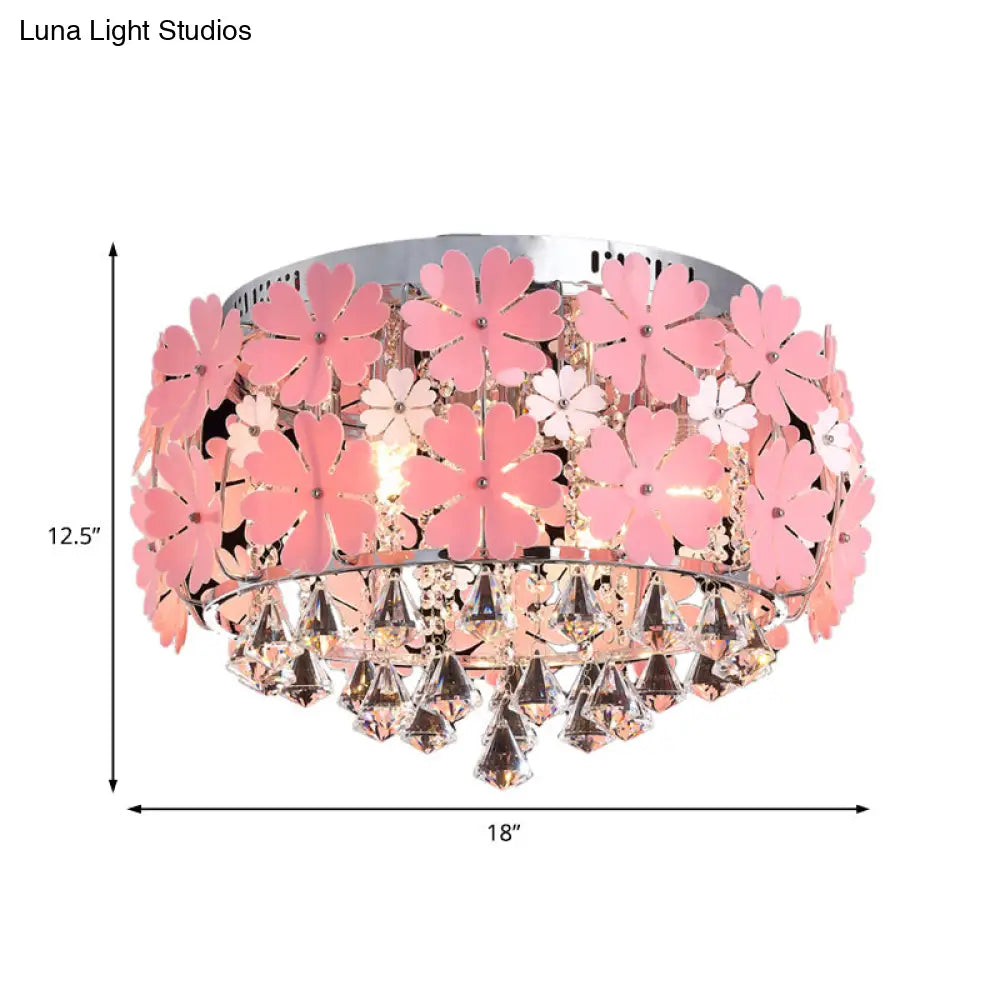 Modern Crystal Drop Led Drum Ceiling Light Fixture With Pink Flower Decoration 18’/21.5’ Wide