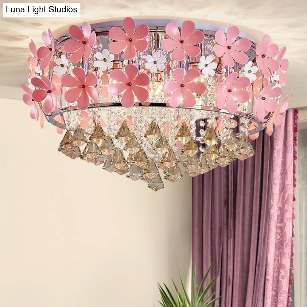 Modern Crystal Drop Led Drum Ceiling Light Fixture With Pink Flower Decoration 18/21.5 Wide