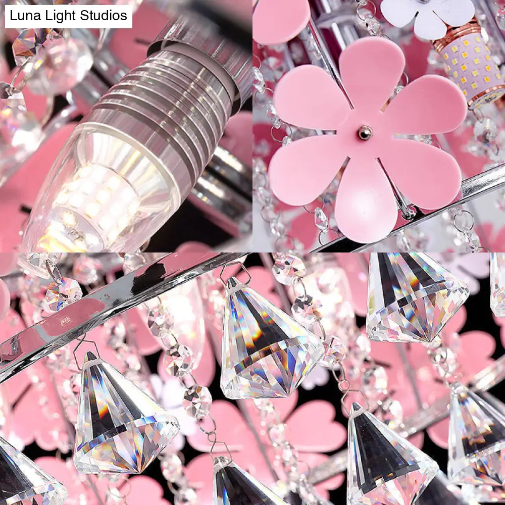 Modern Crystal Drop Led Drum Ceiling Light Fixture With Pink Flower Decoration 18/21.5 Wide