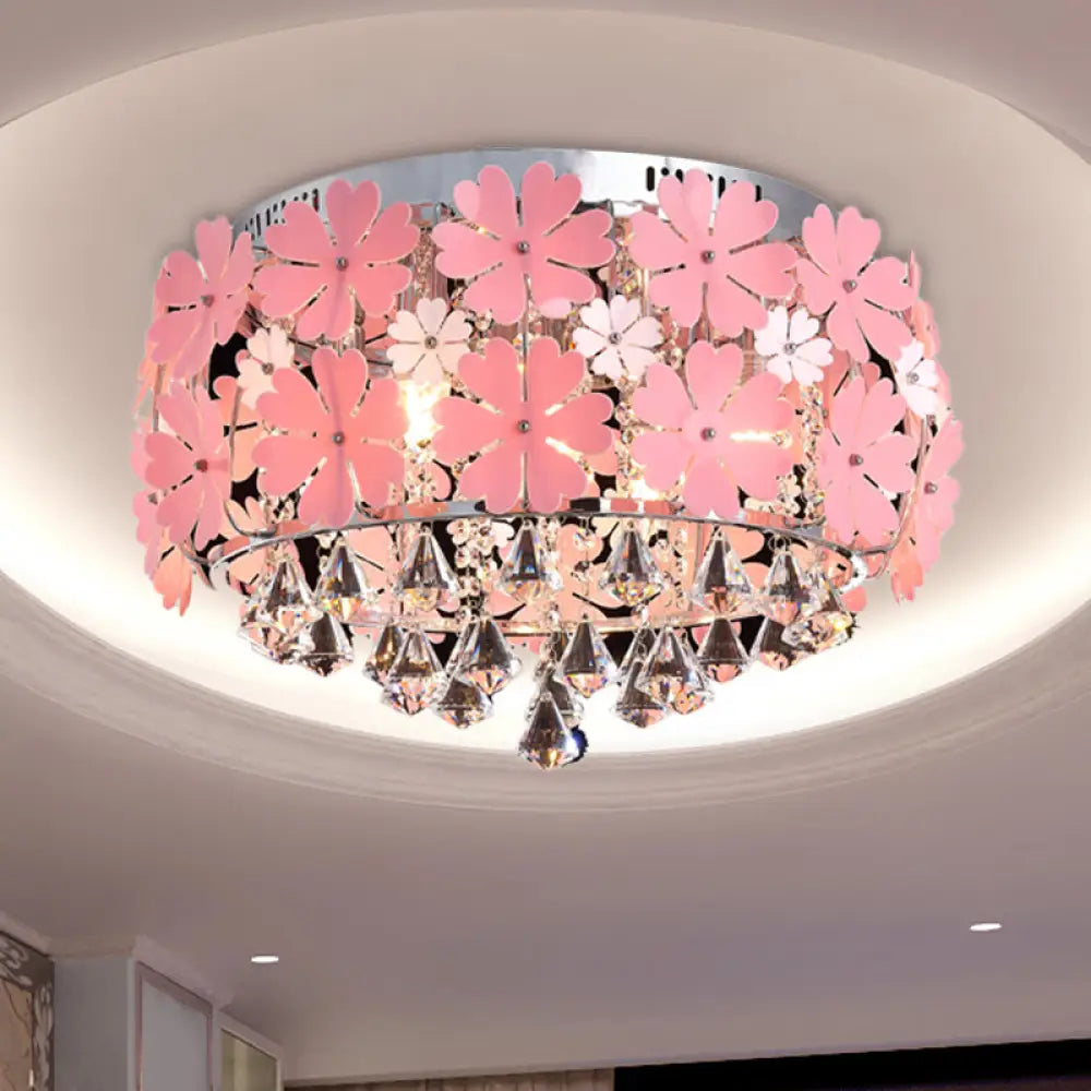 Modern Crystal Drop Led Drum Ceiling Light Fixture With Pink Flower Decoration 18’/21.5’ Wide / 18’
