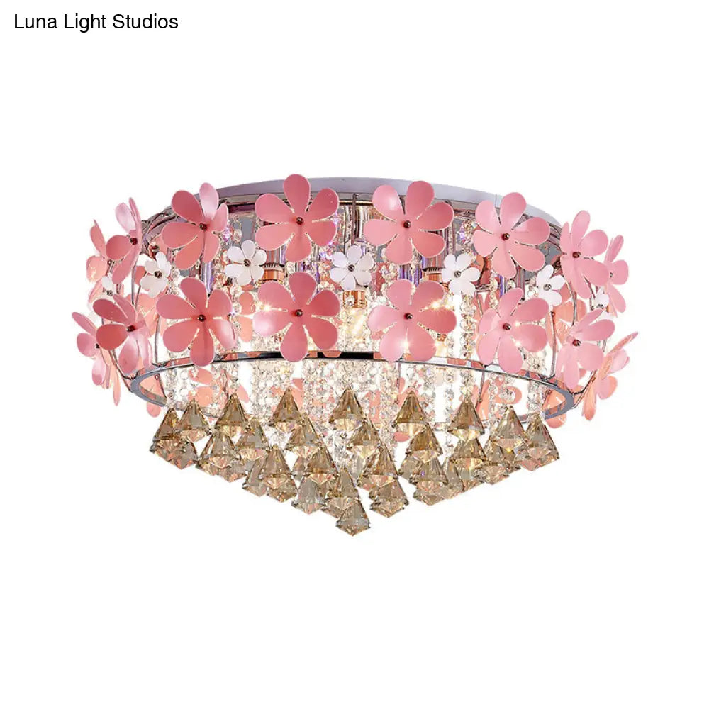 Modern Crystal Drop Led Drum Ceiling Light Fixture With Pink Flower Decoration 18’/21.5’ Wide