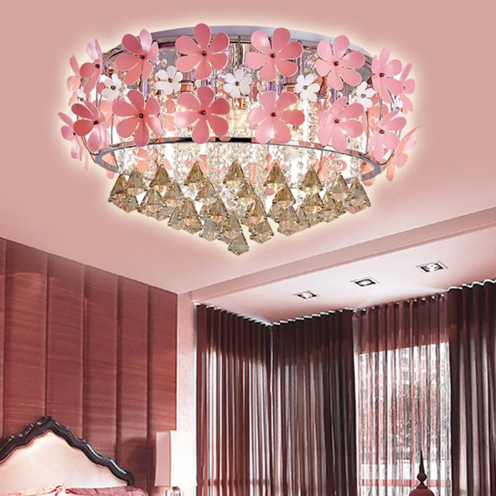Modern Crystal Drop Led Drum Ceiling Light Fixture With Pink Flower Decoration 18’/21.5’ Wide /