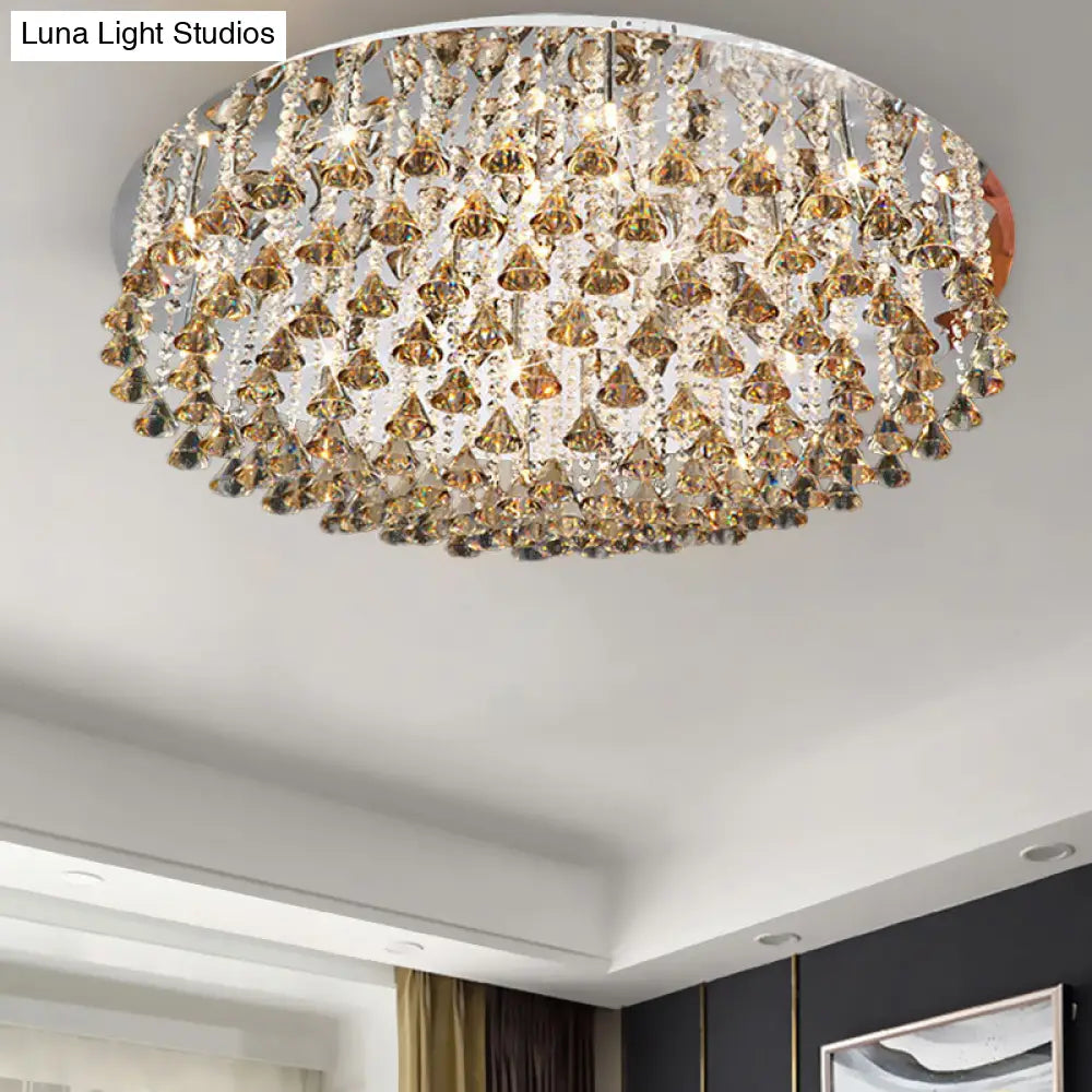 Modern Crystal Drop Nickel Led Drum Ceiling Light Fixture For Living Room