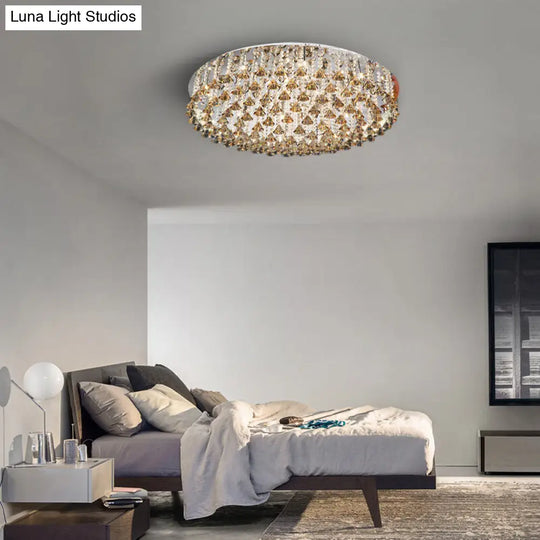 Modern Crystal Drop Nickel Led Drum Ceiling Light Fixture For Living Room