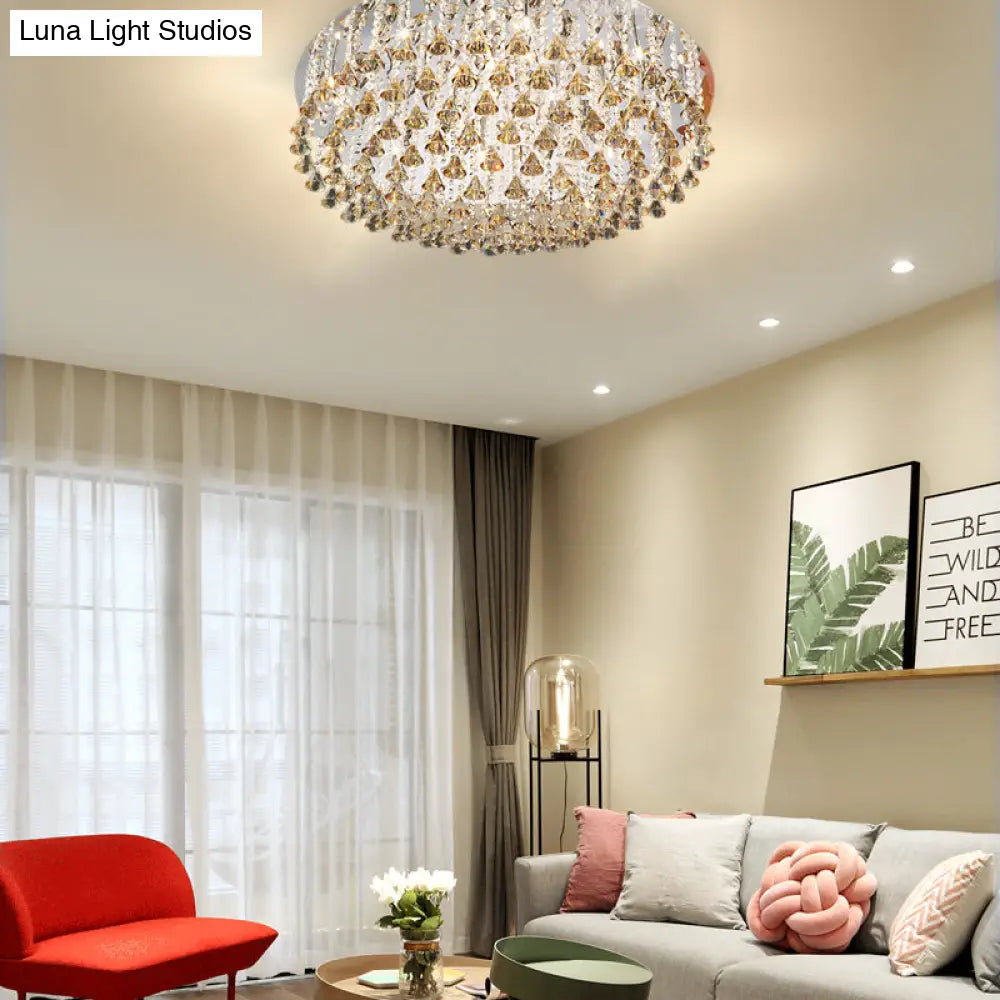 Modern Crystal Drop Nickel Led Drum Ceiling Light Fixture For Living Room