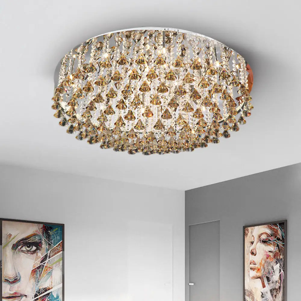 Modern Crystal Drop Nickel Led Drum Ceiling Light Fixture For Living Room