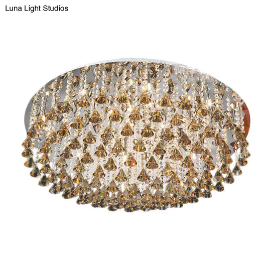 Modern Crystal Drop Nickel Led Drum Ceiling Light Fixture For Living Room