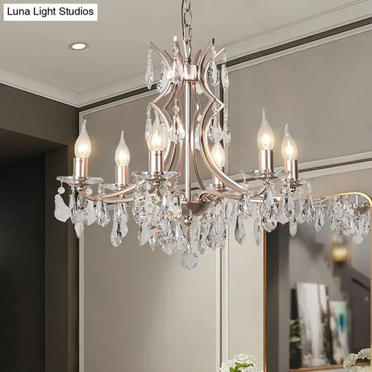 Modern Crystal Droplet Chandelier Lamp - 6 Head Satin Nickel Pendant Light For Bedroom