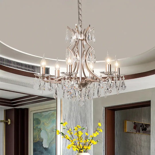 Modern Crystal Droplet Chandelier Lamp - 6-Head Satin Nickel Suspension Pendant Light For Bedroom