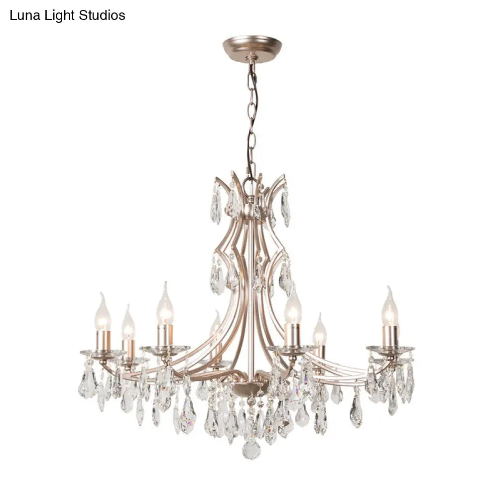 Modern Crystal Droplet Chandelier Lamp - 6 Head Satin Nickel Pendant Light For Bedroom