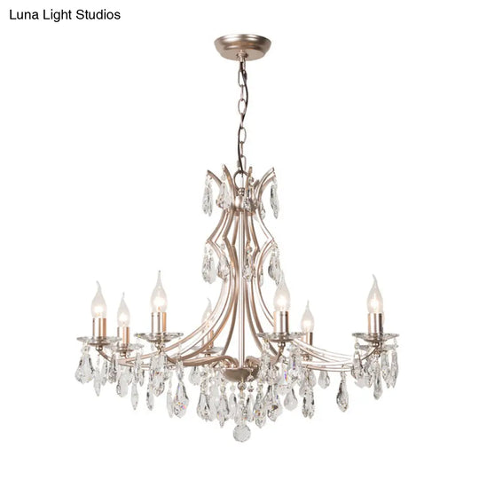 Modern Crystal Droplet Chandelier Lamp - 6 Head Satin Nickel Pendant Light For Bedroom