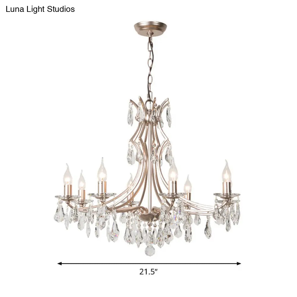 Modern Crystal Droplet Chandelier Lamp - 6 Head Satin Nickel Pendant Light For Bedroom