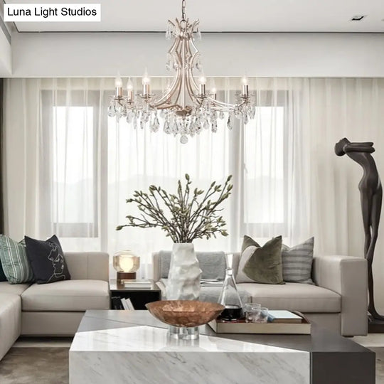 Modern Crystal Droplet Chandelier Lamp - 6-Head Satin Nickel Suspension Pendant Light For Bedroom