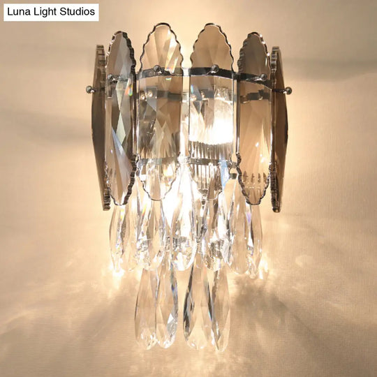 Modern Crystal Droplet Foyer Sconce Light - Layered Wall Lighting Fixture 2 Heads