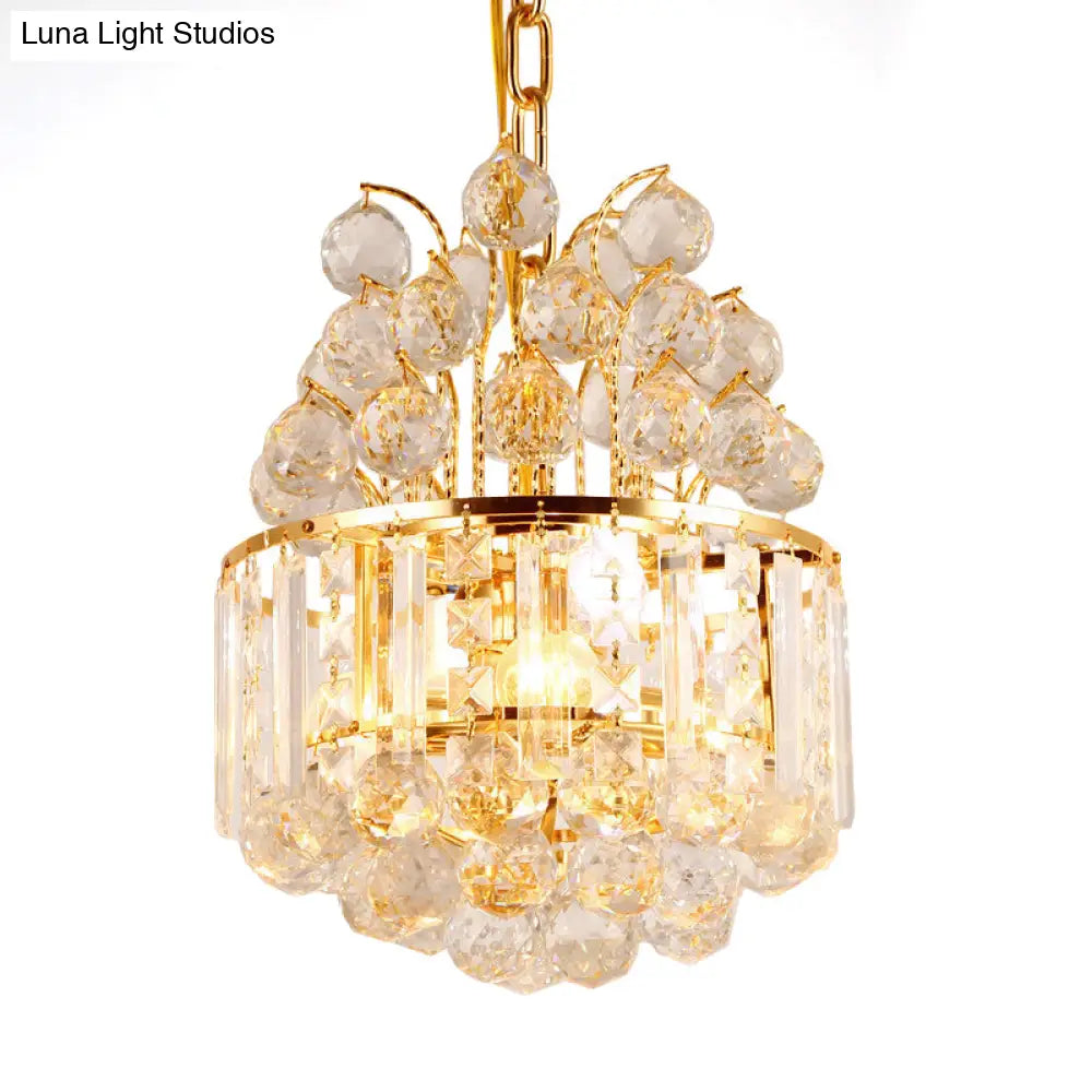 Modern Crystal Drum Chandelier - 3 Light Gold Hanging Ceiling Fixture For Dining Room