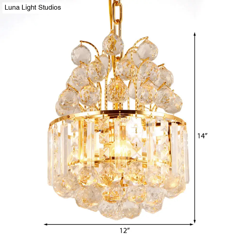 Modern Crystal Drum Chandelier - 3 Light Gold Hanging Ceiling Fixture For Dining Room