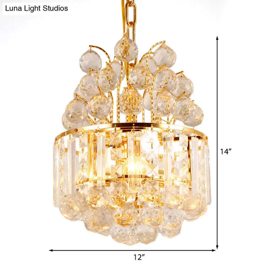 Modern Crystal Drum Chandelier - 3 Light Gold Hanging Ceiling Fixture For Dining Room