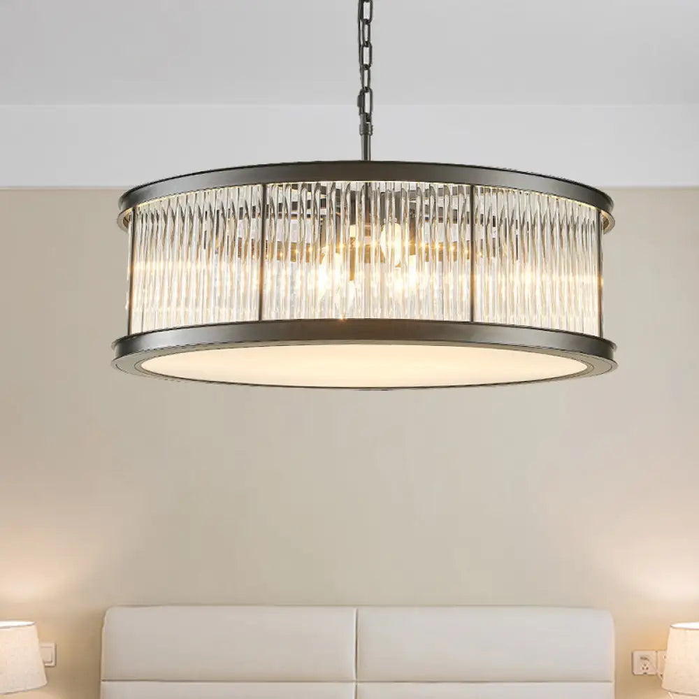 Modern Crystal Drum Chandelier - 6-Light Black/Brass Hanging Light Fixture For Living Room Black