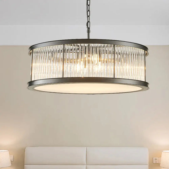 Modern Crystal Drum Chandelier - 6-Light Black/Brass Hanging Light Fixture For Living Room Black