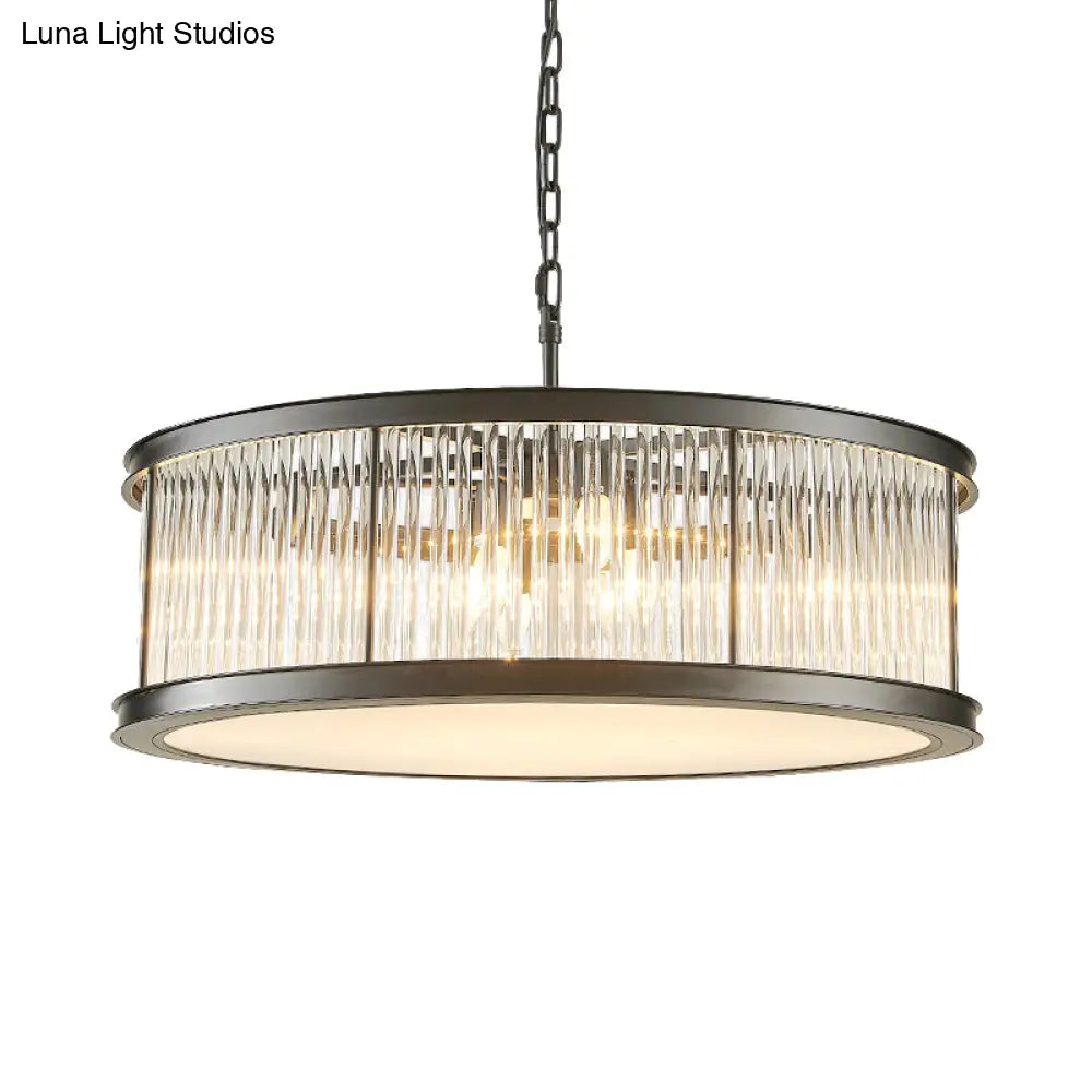 Modern Crystal Drum Chandelier - 6-Light Black/Brass Hanging Light Fixture For Living Room