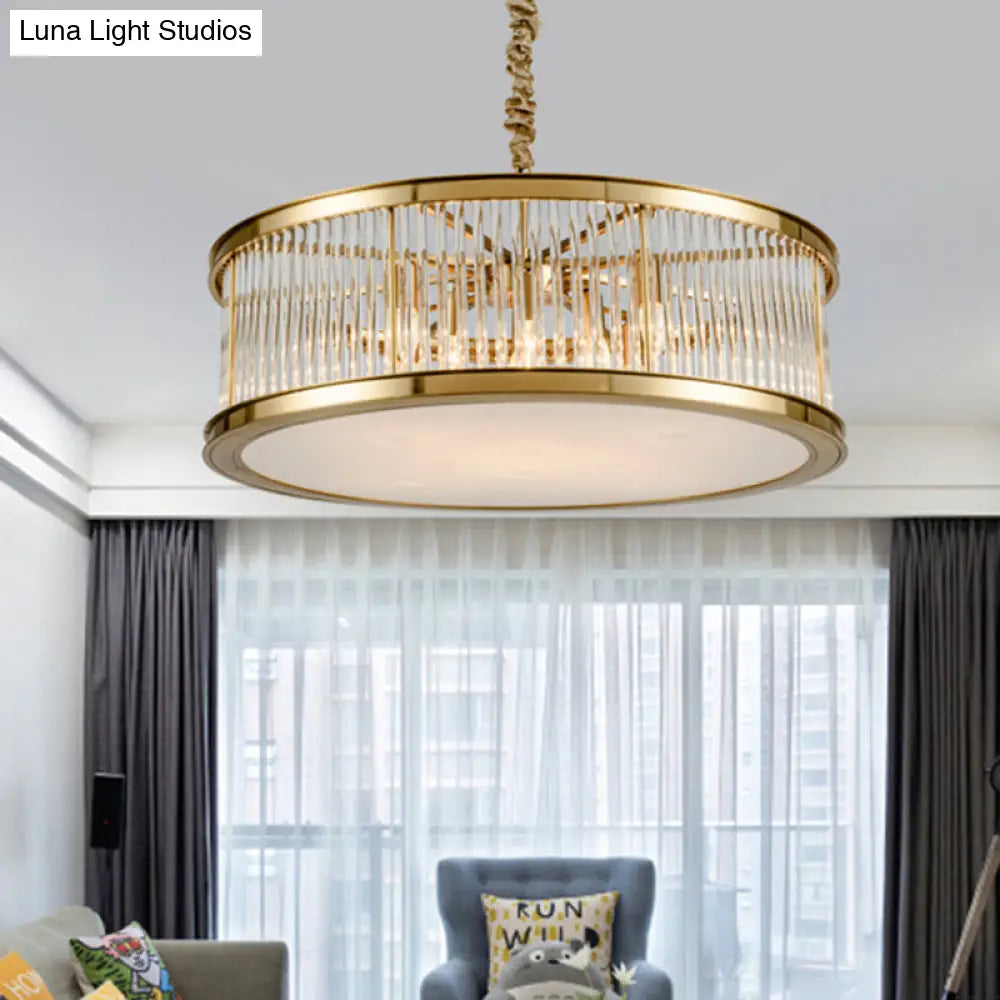 Modern Crystal Drum Chandelier - 6-Light Black/Brass Hanging Light Fixture For Living Room