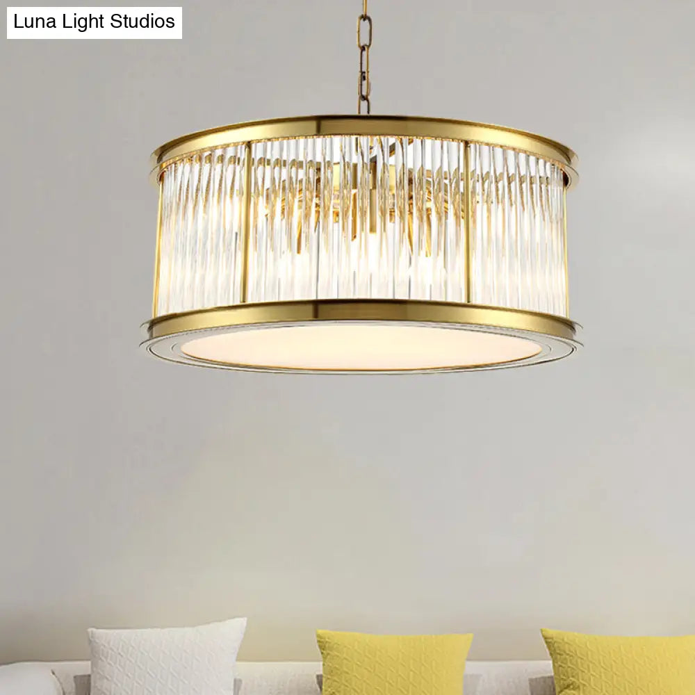 Modern Crystal Drum Chandelier - 6-Light Black/Brass Hanging Light Fixture For Living Room