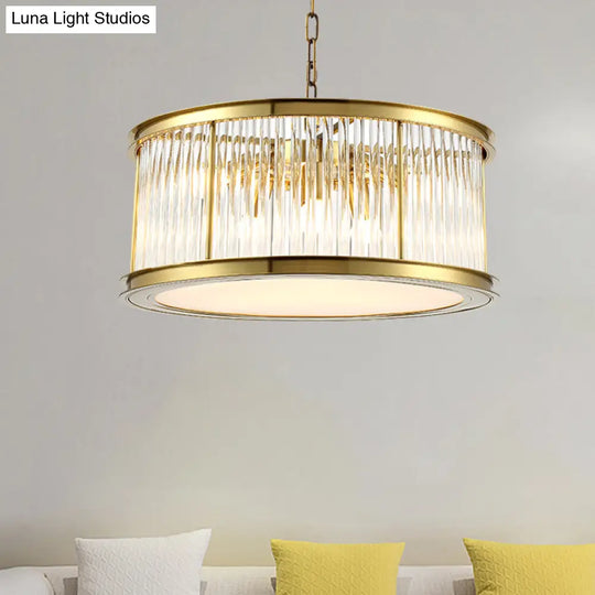 Modern Crystal Drum Chandelier - 6-Light Black/Brass Hanging Light Fixture For Living Room