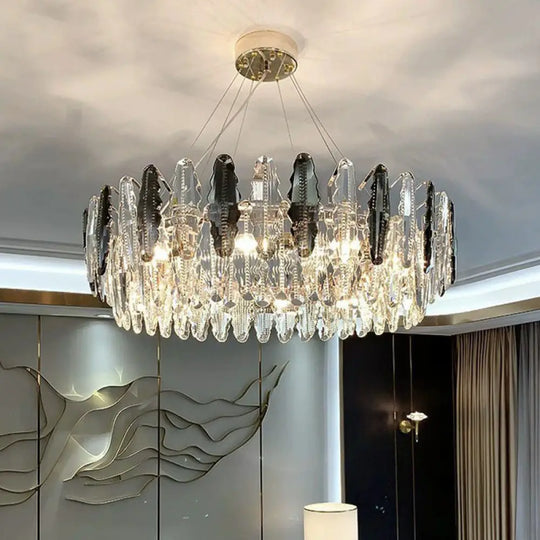 Modern Crystal Drum Chandelier - Clear Living Room Suspension Lighting Fixture / 19.5’