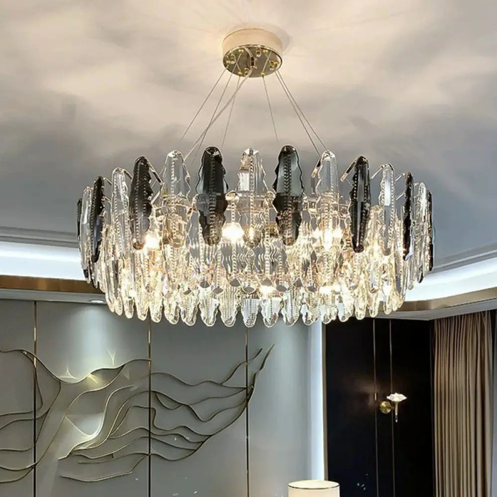 Modern Crystal Drum Chandelier - Clear Living Room Suspension Lighting Fixture / 31.5’