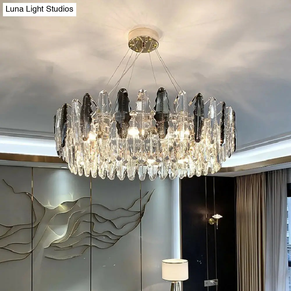 Modern Crystal Drum Chandelier - Clear Living Room Suspension Lighting Fixture