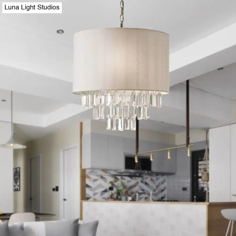 Modern Crystal Drum Chandelier: Rectangular-Cut Beige Ceiling Lamp With Fabric Shade - 3/4 Lights