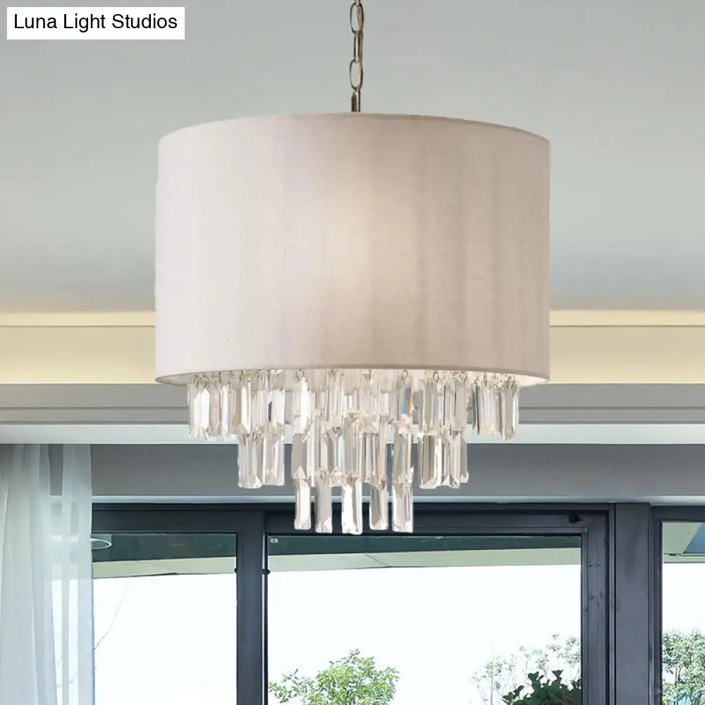 Modern Rectangular-Cut Crystal Drum Chandelier 3/4 Lights Beige Ceiling Lamp With Fabric Shade