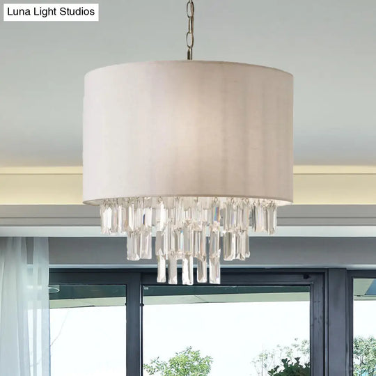 Modern Rectangular-Cut Crystal Drum Chandelier 3/4 Lights Beige Ceiling Lamp With Fabric Shade