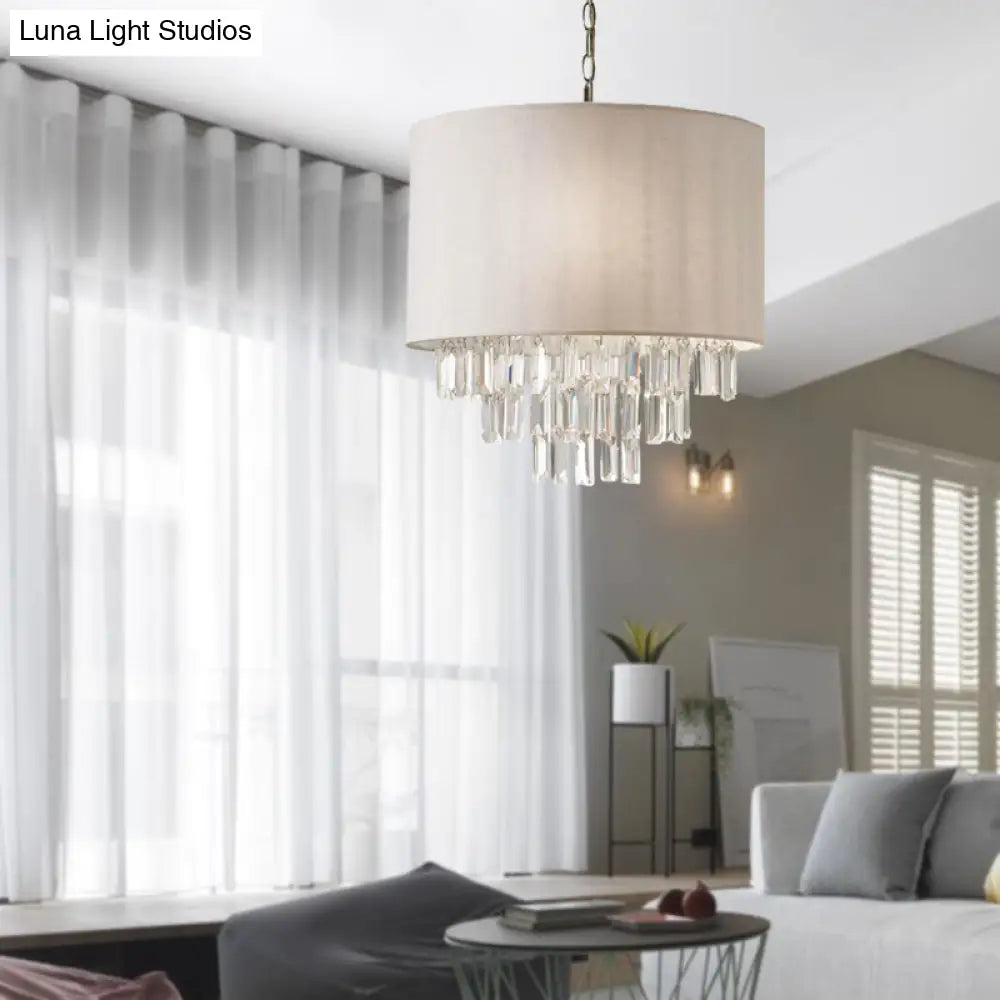 Modern Rectangular-Cut Crystal Drum Chandelier 3/4 Lights Beige Ceiling Lamp With Fabric Shade