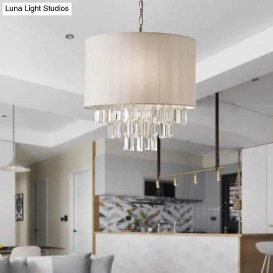 Modern Rectangular-Cut Crystal Drum Chandelier 3/4 Lights Beige Ceiling Lamp With Fabric Shade