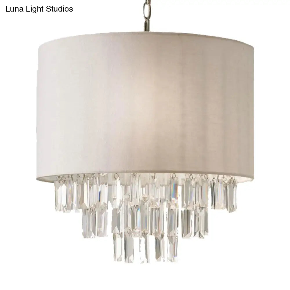 Modern Crystal Drum Chandelier: Rectangular-Cut Beige Ceiling Lamp With Fabric Shade - 3/4 Lights