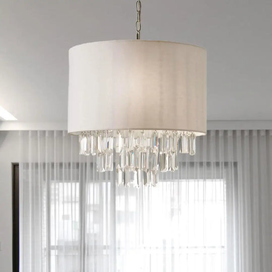 Modern Crystal Drum Chandelier: Rectangular-Cut Beige Ceiling Lamp With Fabric Shade - 3/4 Lights 3