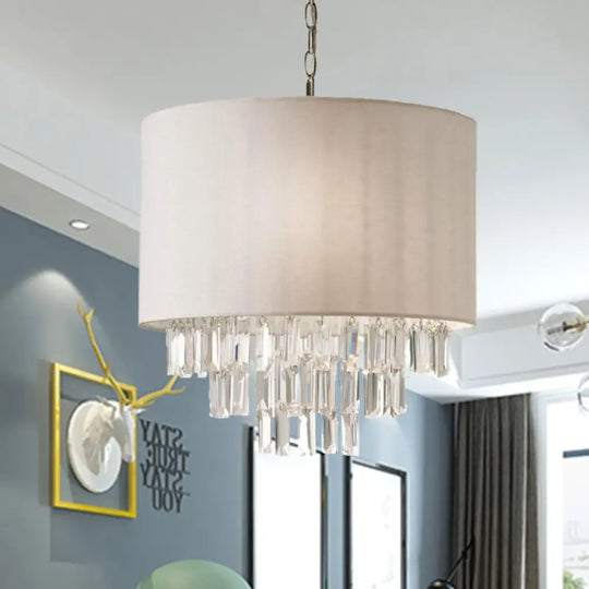 Modern Crystal Drum Chandelier: Rectangular-Cut Beige Ceiling Lamp With Fabric Shade - 3/4 Lights 4